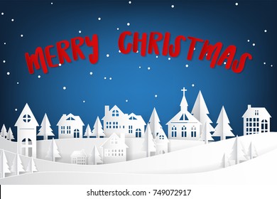 Merry Christmas lettering on night sky with snow drop on the village. Concept for Merry Christmas and New Year card in paper art and craft style, Vector illustrative	

