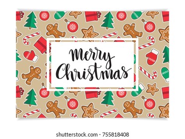 Merry Christmas lettering on pattern with gingerbread man, candy, gift, ball, christmas tree, gloves on beige background. Perfect for greeting card, wrapping paper etc. Vector illustration
