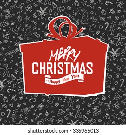 Merry Christmas Lettering on Red Gift Box Silhouette. On hand drawn xmas background