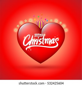 Merry Christmas lettering on red heart vector illustration for greeting card and poster Christmas day.