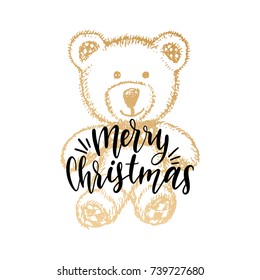 Merry Christmas lettering on white background. Vector hand drawn illustration of toy plush bear. Happy Holidays greeting card, poster template.