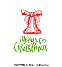 Merry Christmas lettering on white background. Vector bell drawing illustration. Happy Holidays greeting card, poster template.