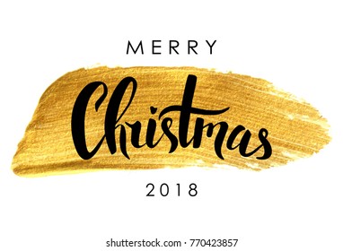 Merry Christmas lettering on white background. Christmas calligraphy. Holiday greeting card. Vector illustration. Gold glitter paint.