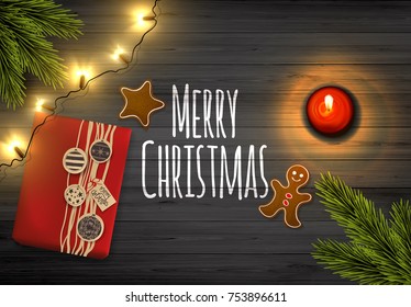 Merry Christmas Lettering On Wooden Board. Realistic Vector Design