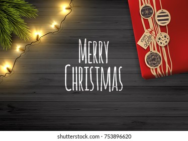 Merry Christmas Lettering On Wooden Board. Realistic Vector Design