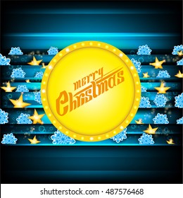 Merry christmas lettering on yellow circle banner and dark-blue background with blue snowflakes and golden stars. Vector christmas backdrop