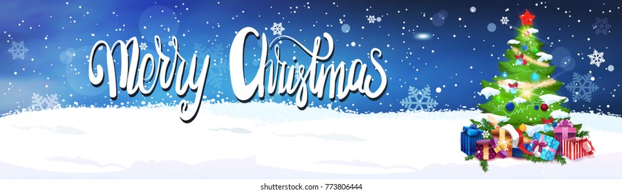 Merry Christmas Lettering Over Night Sky Background With Decorated Fir Tree Horizontal Banner Flat Vector Illustration