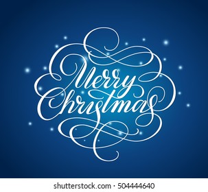 Merry christmas lettering over shiny background with snow. Hand drawn text, calligraphy for your design. Eps10 vector illustration