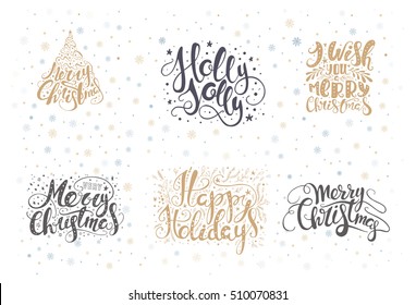 Merry christmas lettering over with snowflakes. Hand drawn text, calligraphy for your design. xmas design overlay elements isolated on white background. Eps10 vector illustration