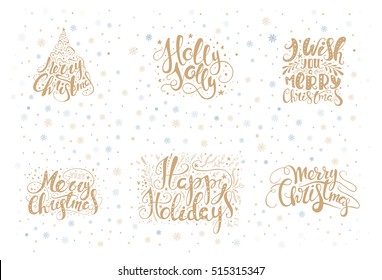 Merry christmas lettering over with snowflakes. Hand drawn text for your design. xmas design overlay elements isolated on white backgground. Eps10 vector illustration