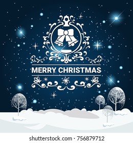 Merry Christmas Lettering Over Winter Forest Background Trees Covered With Snow Night Sky Vector Illustraion