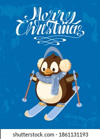 Merry Christmas lettering and penguin in earmuffs and scarf on skis with sticks. Winter sport, Arctic bird in warm outfit, polar animal isolated vector on grunge blue