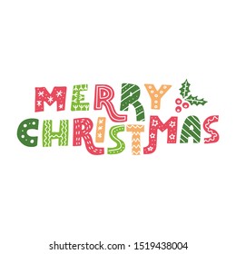 Merry Christmas lettering phrase, isolated clipart. Winter holiday ornate banner, poster, greeting card vector design element. Hand drawn colorful elements in Scandinavian style