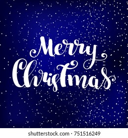 Merry Christmas lettering phrase on dark blue background with snowflakes and snow. 