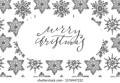 Merry Christmas lettering phrases on background with snowflakes template. Christmas illustrations. Vintage illustration.