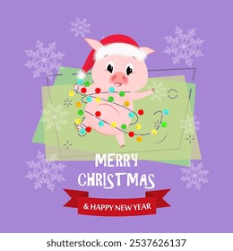 Merry Christmas lettering with pig wearing lights garland. Christmas greeting card. Typed text, calligraphy. For leaflets, brochures, invitations, posters or banners.