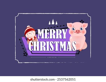 Merry Christmas lettering with piglet and showman. Christmas greeting card. Typed text, calligraphy. For leaflets, brochures, invitations, posters or banners.