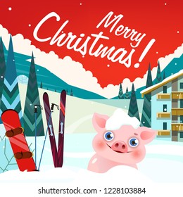 Merry Christmas lettering with piglet at ski resort. Christmas greeting card or advertisement design. Handwritten text, calligraphy. For leaflets, brochures, invitations, posters or banners.
