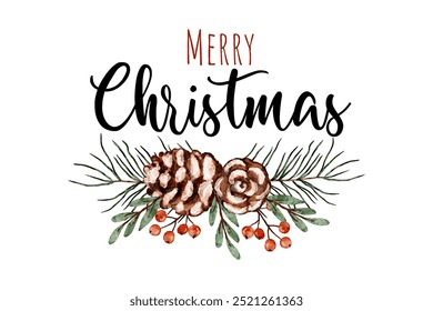 Feliz Natal lettering com pinecones e verde, decoração de férias, celebração de inverno saudação