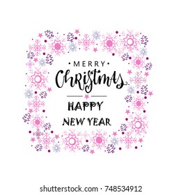 Merry Christmas lettering with pink ornaments and decoration of stars, snowflakes. Merry Christmas calligraphic greeting card. Usable as banner, greeting card, gift package etc.