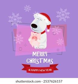 Merry Christmas lettering and polar bear with piglet. Christmas greeting card. Typed text, calligraphy. For leaflets, brochures, invitations, posters or banners.