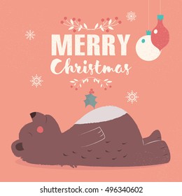 Merry Christmas lettering postcard with cute brown bear laying down, vector illustration