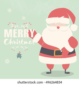 Merry Christmas lettering postcard with smiling and waving Santa Claus, vector illustration