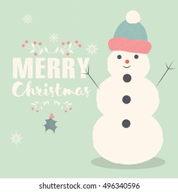 Merry Christmas lettering postcard with smiling Snowman, vector illustration