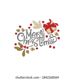 Merry Christmas. Lettering poster. Holiday card. Christmas gifts, spruce branches, rowan berries and cones. Isolated vector object on white background.