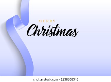 Merry Christmas lettering with purple ribbon. Christmas greeting card or cover design. Handwritten text, calligraphy. For leaflets, brochures, invitations, posters or banners.