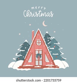 Merry Christmas lettering quote decorated with hand drawn triangle house and trees. Good for posters, prints, cards, invitations, stickers, etc. EPS 10