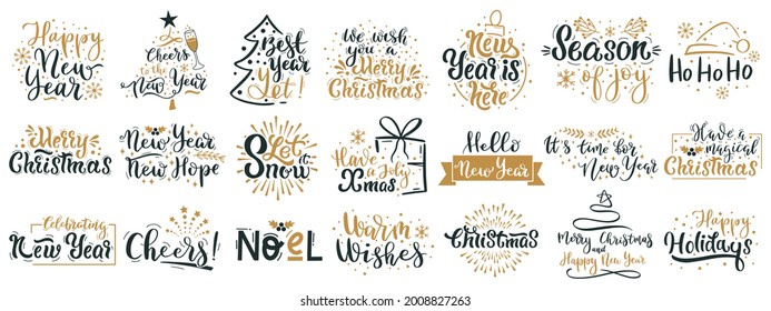 Merry Christmas lettering quotes. Happy New Year winter holiday greetings, xmas festive lettering phrases vector illustration set. Christmas hand drawn quotes. Season of joy, celebration