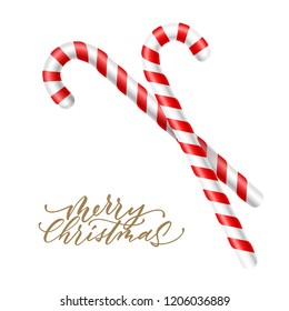 Merry christmas lettering with realistic cane candy sugar sweets. Vector winter holiday dessert food, traditional lollipops for xmas decoration design. Striped red white candy for greeting cards