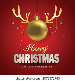 Merry Christmas lettering red background template. Greeting card invitation with golden ball and  reindeer horn . Vector illustration.