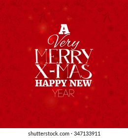Merry Christmas lettering at Red cute seamless pattern background. Vector card illustration.