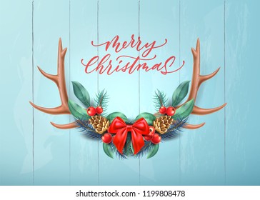 Merry christmas lettering with reindeer big antlers horns with silk bow holly leaves, red berries spruce tree twigs, and pine cones pattern hanging on wooden wall. Vector xmas new year holiday  design