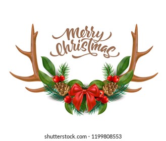 Merry christmas lettering with reindeer big antlers  horns with silk bow holly leaves, red berries spruce tree twigs, and pine cones pattern. Vector xmas, new year holiday poster, greeting card design