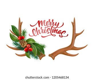 Merry christmas lettering with reindeer horns with silk bow holly leaves, red berries spruce tree twigs, and pine cones pattern. Vector xmas, new year holiday celebration poster, greeting card design