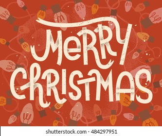 Merry Christmas lettering. Retro greeting card with christmas lights on red background