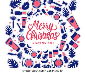Merry Christmas lettering. Round frame fashion style with cosmetic bottles. Vector illustration isolated on white. Make up concept. Winter color