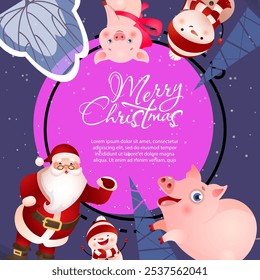 Merry Christmas lettering, sample text, Santa Claus, pigs and snowmen. Christmas greeting card. Handwritten text, calligraphy. For leaflets, brochures, invitations, posters or banners.