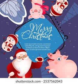 Merry Christmas lettering, sample text and cartoon characters. Christmas greeting card. Handwritten text, calligraphy. For leaflets, brochures, invitations, posters or banners.