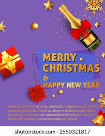 Merry Christmas lettering with sample text. New Year Day poster. Typed text, calligraphy. For leaflets, brochures, invitations, posters or banners.