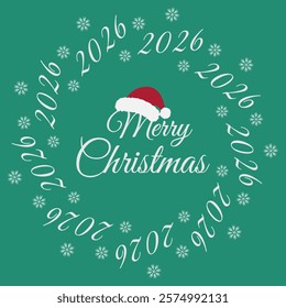 Merry Christmas lettering and Santa cap on letter and 2026 with snowflakes. Christmas greeting idea