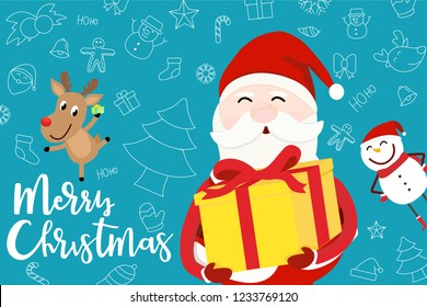Merry christmas lettering with Santa Claus, reindeer and smow man on doddle christmas element background. Concept desing for banner or postcard on Christmas and new year in vector illustration