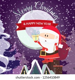 Merry Christmas lettering and Santa Claus with gifts on roof. Christmas greeting card. Handwritten text, calligraphy. For leaflets, brochures, invitations, posters or banners.