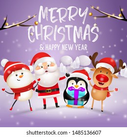 Merry Christmas lettering, Santa Claus, snowman, penguin, gift. Christmas greeting card. Handwritten and typed text, calligraphy. For leaflets, brochures, invitations, posters or banners.