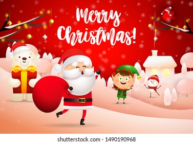 Merry Christmas lettering, Santa Claus with gift sack. Christmas greeting card. Handwritten text, calligraphy. For leaflets, brochures, invitations, posters or banners.