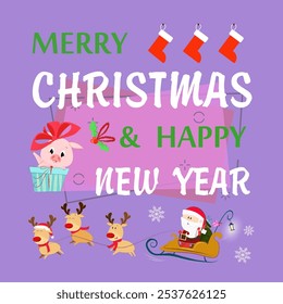 Merry Christmas lettering, Santa Claus in sleigh, reindeers and piglet. Christmas greeting card. Handwritten text, calligraphy. For leaflets, brochures, invitations, posters or banners.