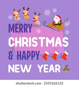 Merry Christmas lettering with Santa Claus in sleigh, reindeers and socks. Christmas greeting card. Handwritten text, calligraphy. For leaflets, brochures, invitations, posters or banners.